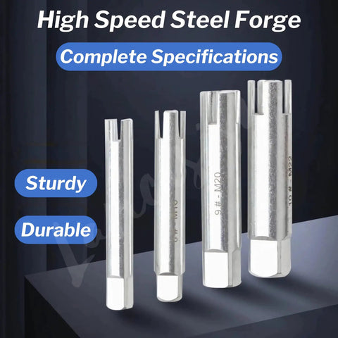 Screw Tap Extractor Set Of 10 High Speed Steel Remover Bits, four sizes shown, sturdy durable extraction tools for industrial use
