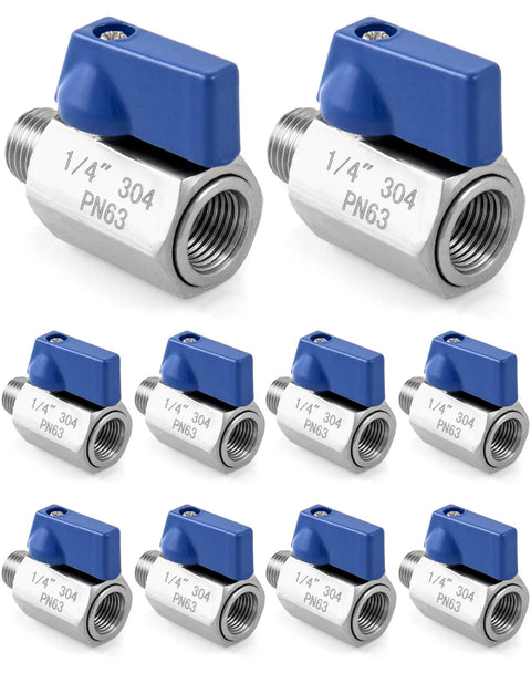QWORK mini ball valves, 1/4 in NPT, stainless steel with blue lever handles, 10-pack; female and male threaded ends