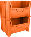 54 Pack Heavy Duty Plastic Stackable Hopper Bins 20 By 15 By 12 In Orange Industrial Bulk Storage Containers stacked with open fronts.