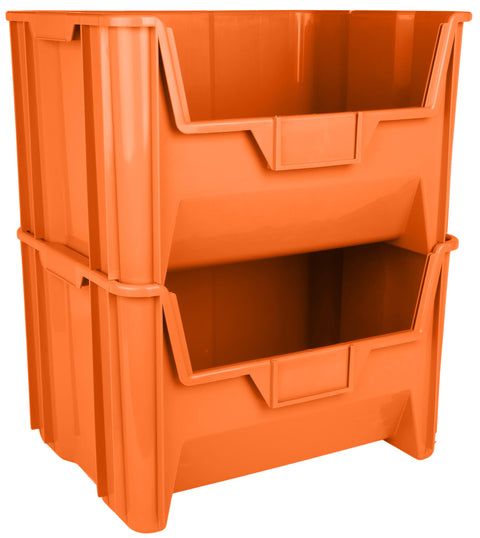 54 Pack Heavy Duty Plastic Stackable Hopper Bins 20 By 15 By 12 In Orange Industrial Bulk Storage Containers stacked with open fronts.