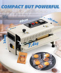 ProGrade Commercial Heat Sealer Machine With Adjustable Temperature And Speed, shown on a table with packaged cookies.