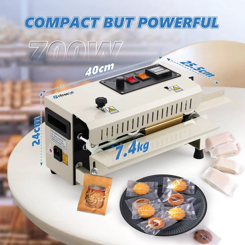 ProGrade Commercial Heat Sealer Machine With Adjustable Temperature And Speed, shown on a table with packaged cookies.