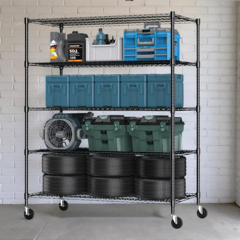 Five Tier Wire Shelving With Wheels Heavy Duty Height Adjustable Metal Storage Rack Commercial Grade Steel Utility Shelf For Kitchen Garage Pantry Organization 24 By 48 By 82 Inches Built Like A Tank