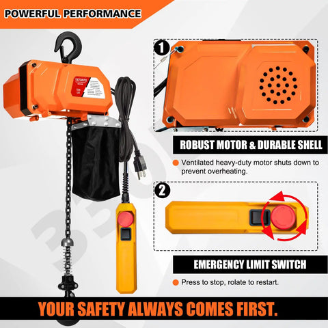 Beefy Electric Chain Hoist 330 Lbs 120V Single Phase Winch With 9.8 Ft Lift Height shown with remote control and emergency switch
