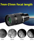7-21mm Zoom Eyepiece For 1.25 Inch Telescopes With High Contrast Imaging, showing variable focal lengths and lunar images.