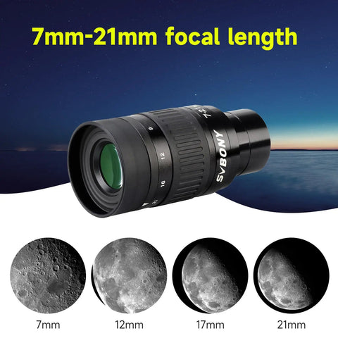 7-21mm Zoom Eyepiece For 1.25 Inch Telescopes With High Contrast Imaging, showing variable focal lengths and lunar images.