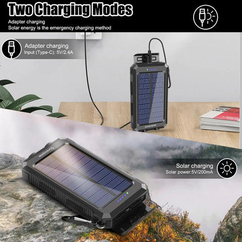 Rugged 8000mAh Solar Charger Power Bank For Outdoor Adventures on a table, showing USB C charging and solar panels.