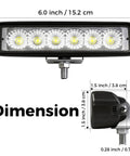 Rock Solid 6 Inch Led Flood Light Bar With 60 Degree Beam, Built Like A Tank IP67 Waterproof Aluminum Housing, Deadly Bright 6000K Cool White 18W Led Pods With Stainless Brackets, 1 Pack dimensions shown.