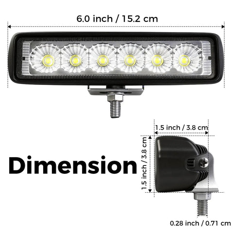 Rock Solid 6 Inch Led Flood Light Bar With 60 Degree Beam, Built Like A Tank IP67 Waterproof Aluminum Housing, Deadly Bright 6000K Cool White 18W Led Pods With Stainless Brackets, 1 Pack dimensions shown.