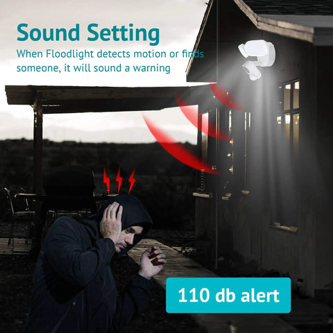Outdoor Floodlight Security Camera With 2600 Lumen LEDs 1080P HD WiFi Waterproof Motion Detection Alerts Clear Night Vision Two Way Audio Built In Siren USA Cloud Service mounted on a house with sound alert.