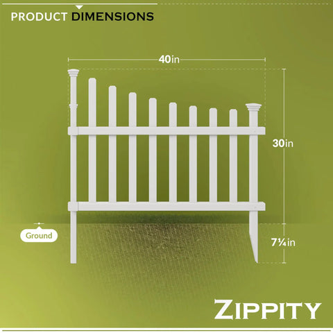 Two Panel No Dig Vinyl Picket Fence Set, 40In Wide By 30In High, white fence with dimensions shown: 40x30 inches.