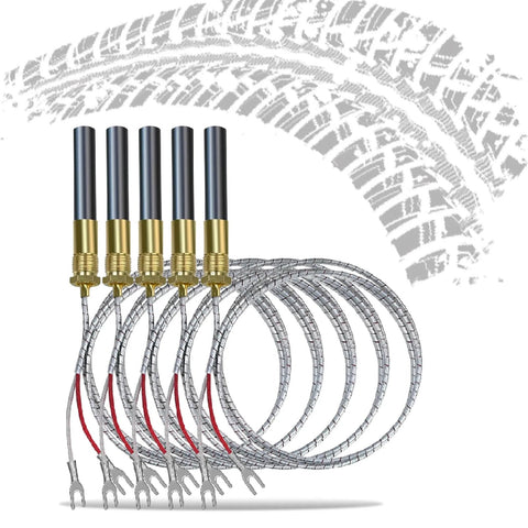 Front view: five thermopile sensors with braided stainless leads and fork terminals for gas fireplaces