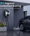 Level 2 EV Charger With 48 Amp 240V NEMA 14-50 Plug Charges Your Daily Driver Dead Fast, mounted on wall with LCD screen.