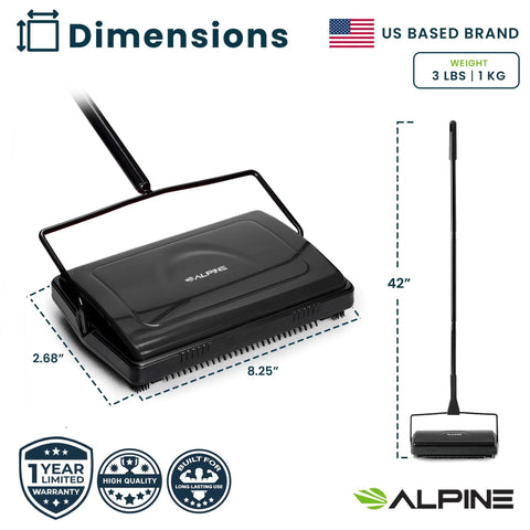 Grab And Go No Sweat Manual Sweeper For Carpets Hardwood And Rugs Triple Brush Picks Up Pet Hair Dust And Crumbs Instantly Smooth Cleanup Zero Cord Drama Needed Improved Black dimensions shown with 42 inch handle.