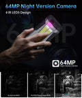 Kickback 5G Rugged Projector Phone 6.78-Inch AMOLED Screen 720P DLP Auto Focus Keystone Android 14 Smartphone Beast Hella Durable For Campouts And Movie Marathons held in hand showing night vision features.