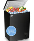 Compact 3.5 Cubic Foot Chest Freezer With Adjustable Thermostat, Super Sleek Mini Deep Freezer For Dorm Room Garage Or Apartment, Keep Your Food Straight Up Frozen With Zero Hassle Ever filled with colorful food items and ice.