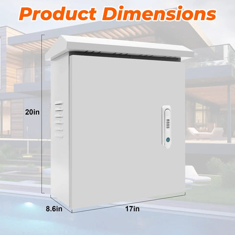 Tough As Nails Weatherproof Electrical Junction Box With Dual Slope Rain Guard, dimensions 20x17x8.6 inches, secure lock.