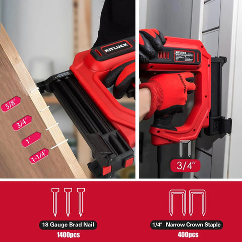 2 In 1 Electric Brad Nailer And Staple Gun With 18 Gauge Nails And Narrow Crown Staples, showing nail and staple sizes for woodworking.