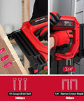 Hella Versatile 2 In 1 Electric Brad Nailer And Staple Gun With Plenty Of 18 Gauge Nails And Narrow Crown Staples for precise woodworking applications.