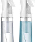 Two Pack Continuous Spray Bottles With Ultra Fine Mist For Hair Styling And Salons Premium Mister Sprayer For Even Coverage 6.8 Oz Each Refillable Water Spray Bottle For Hair Cleaning And Styling, showing two transparent bottles with white spray tops, one filled with blue liquid.
