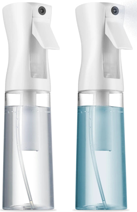 Two Pack Continuous Spray Bottles With Ultra Fine Mist For Hair Styling And Salons Premium Mister Sprayer For Even Coverage 6.8 Oz Each Refillable Water Spray Bottle For Hair Cleaning And Styling, showing two transparent bottles with white spray tops, one filled with blue liquid.