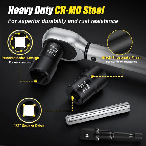 Heavy duty CR-MO steel 6 Piece Lug Nut Removal Kit For Damaged And Stripped Bolts, includes extractor sockets and 1/2 inch drive.