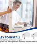 Premium Clear Glass Retainer Clips With Corrosion Proof Stainless Screws Twenty Five Pack installed on a window frame.
