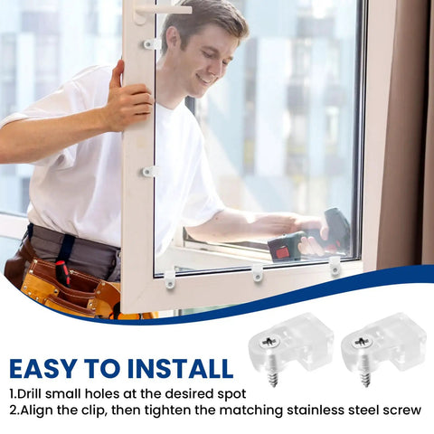 Premium Clear Glass Retainer Clips With Corrosion Proof Stainless Screws Twenty Five Pack installed on a window frame.