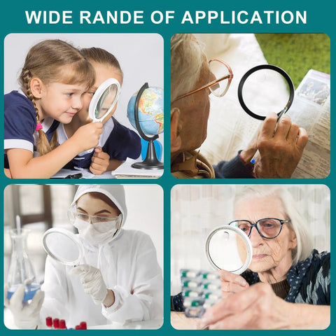 Collage showing diverse uses of a large magnifying glass with 37 LED lights for different applications like reading and inspection by seniors and children.