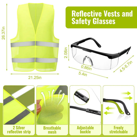 Solid Tradesman Kit Featuring 18 Piece Suspension Hard Hats In Clean White And Safety Yellow Paired With High Vis Mesh Reflective Vests Plus Premium Anti Fog Goggles For The Daily Grind with reflective vests and safety glasses.