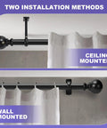 One Inch Adjustable Heavy Duty Curtain Rod With Extra Long Range From 30 To 240 Inches For Windows And Room Dividers Indoor Outdoor Use Matte Black Finish Durable And Stylish showing ceiling and wall mount options.