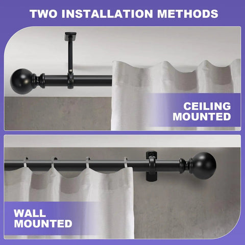 One Inch Adjustable Heavy Duty Curtain Rod With Extra Long Range From 30 To 240 Inches For Windows And Room Dividers Indoor Outdoor Use Matte Black Finish Durable And Stylish showing ceiling and wall mount options.