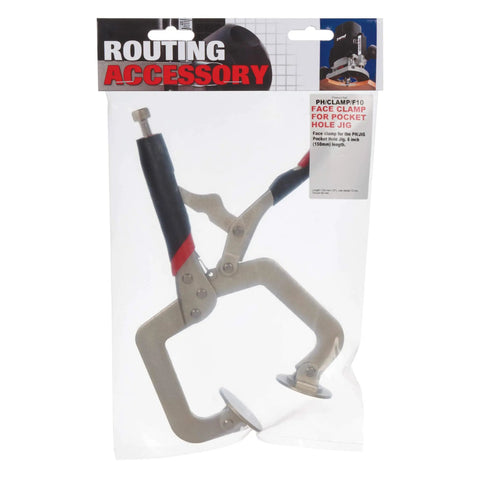 Rock Solid Pocket Hole Jig Face Clamp For Seamless Frame Joinery Featuring Adjustable Pressure And Lightning Fast Quick Release Lever For Dead Nuts Perfect Seams On Flat Woodwork Pieces in packaging.
