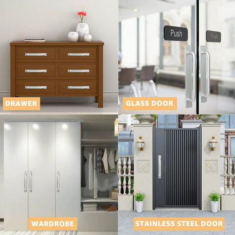 Self Stick Instant Cabinet Drawer Handles Set Aluminum Alloy With Adhesive Backing displayed on various surfaces in home settings.