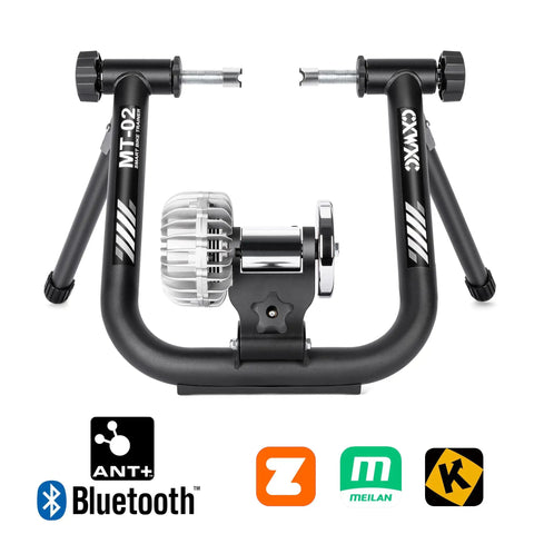 Front view of Smart Fluid Bike Trainer For 26-29 Inch Wheels And 700c, featuring Bluetooth, ANT+ compatibility, and Zwift logos.