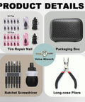 20 Piece Tubeless Tire Repair Kit With Screw In Rubber Nails And Heavy Duty Pliers Solid No Fuss Emergency Roadside Patch For Cars Trucks And Motorcycles Straight To The Fix with components including repair nails, packaging box, valve wrench, and pliers.