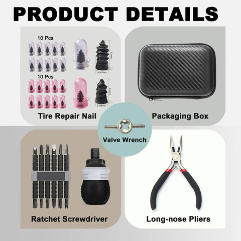 20 Piece Tubeless Tire Repair Kit With Screw In Rubber Nails And Heavy Duty Pliers Solid No Fuss Emergency Roadside Patch For Cars Trucks And Motorcycles Straight To The Fix with components including repair nails, packaging box, valve wrench, and pliers.
