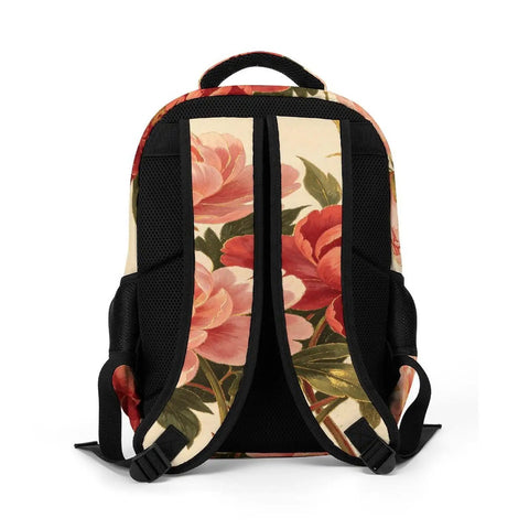 Back view of Vintage Peony Botanical Printed Backpack For Everyday Use Unisex Large Capacity Daypack With Durable Polyester Fabric Breathable Comfort Easy