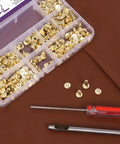 Top Shelf Pro Grade Gold Leather Rivets And Chicago Binding Screws Assortment Kit With Smooth Install Tools, includes 110 gold screws and driver.