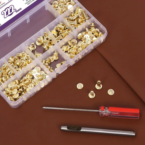 Top Shelf Pro Grade Gold Leather Rivets And Chicago Binding Screws Assortment Kit With Smooth Install Tools, includes 110 gold screws and driver.