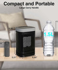 Portable 1500W PTC Space Heater With 70 Degree Rotating Head, remote control, and water bottle for size comparison
