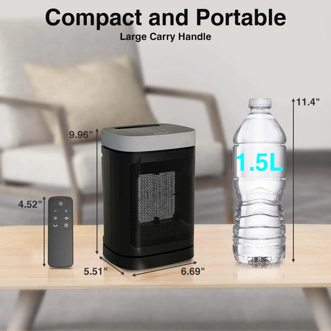 Portable 1500W PTC Space Heater With 70 Degree Rotating Head, remote control, and water bottle for size comparison