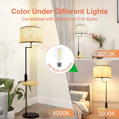 Floor lamp with fabric shade, adjustable light color, E26 compatible, on a wooden stand in various room settings.