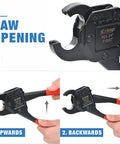 Angle PEX Crimp Tool for 1/2 and 3/4 in Copper Rings showing jaw opening process in steps, includes tubing cutter and gauge