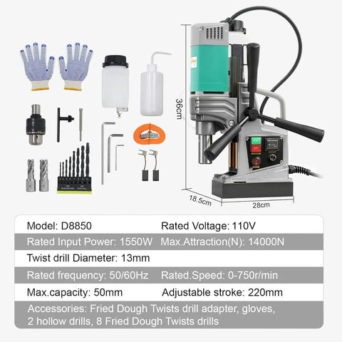 1550W Magnetic Drill Press 2 Inch Boring Diameter Reversible Direction Power Tool Featuring Copper Motor For Heavy Duty Drilling And Tapping Applications With Included Coring Bits And Twist Drills with accessories laid out.