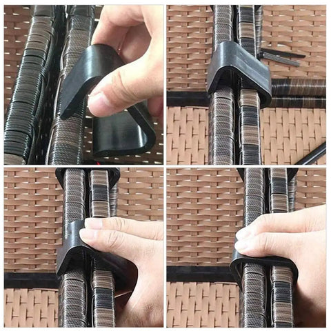 Easy Install No Fuss Outdoor Sofa Clips And Alignment Clamps For Sectional Rattan Furniture being installed on wicker connectors