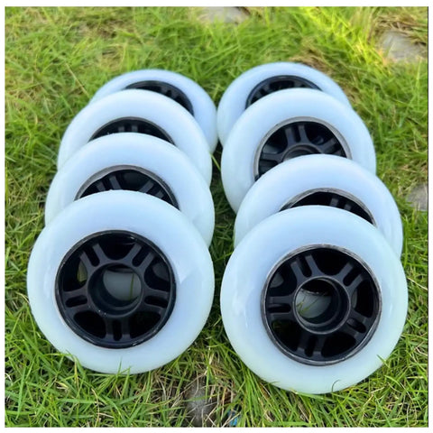 Dope Inline Skate Wheels 84mm 85A 8 Pack With Bearings For Indoor Outdoor Use Durable PU Replacement Rollers arranged on grass