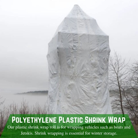 Tough As Nails String Reinforced Shrink Wrap Roll 16 X 25 Feet waterproof film covering a boat for winter storage.