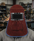 Person wearing a Welding Helmet Mask With Flip Open Lens Leather Welding Hood And Protective Gear For Face Neck And Head