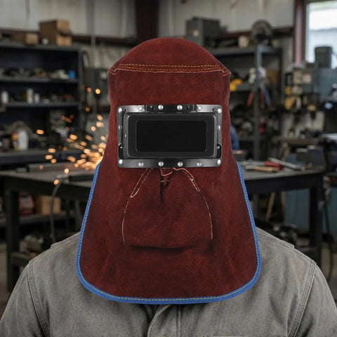 Person wearing a Welding Helmet Mask With Flip Open Lens Leather Welding Hood And Protective Gear For Face Neck And Head